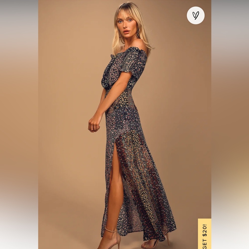 Neva Navy Blue Floral Print Off-the-Shoulder Maxi Dress